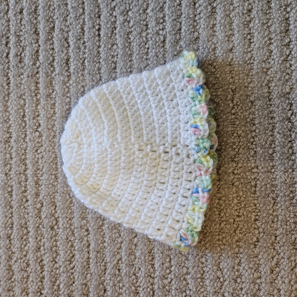 White Crochet Baby Beanie with Multicolor Trim